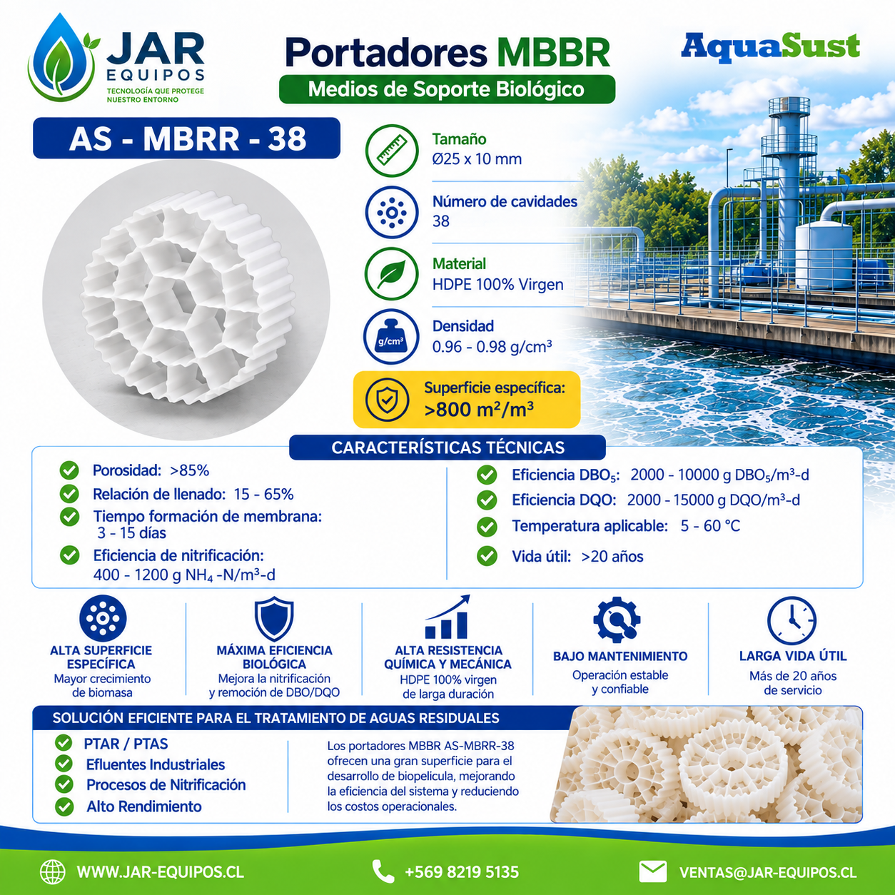 Portador MBBR AS-MBRR-38 | Medio de Soporte Biológico HDPE para Tratamiento de Aguas